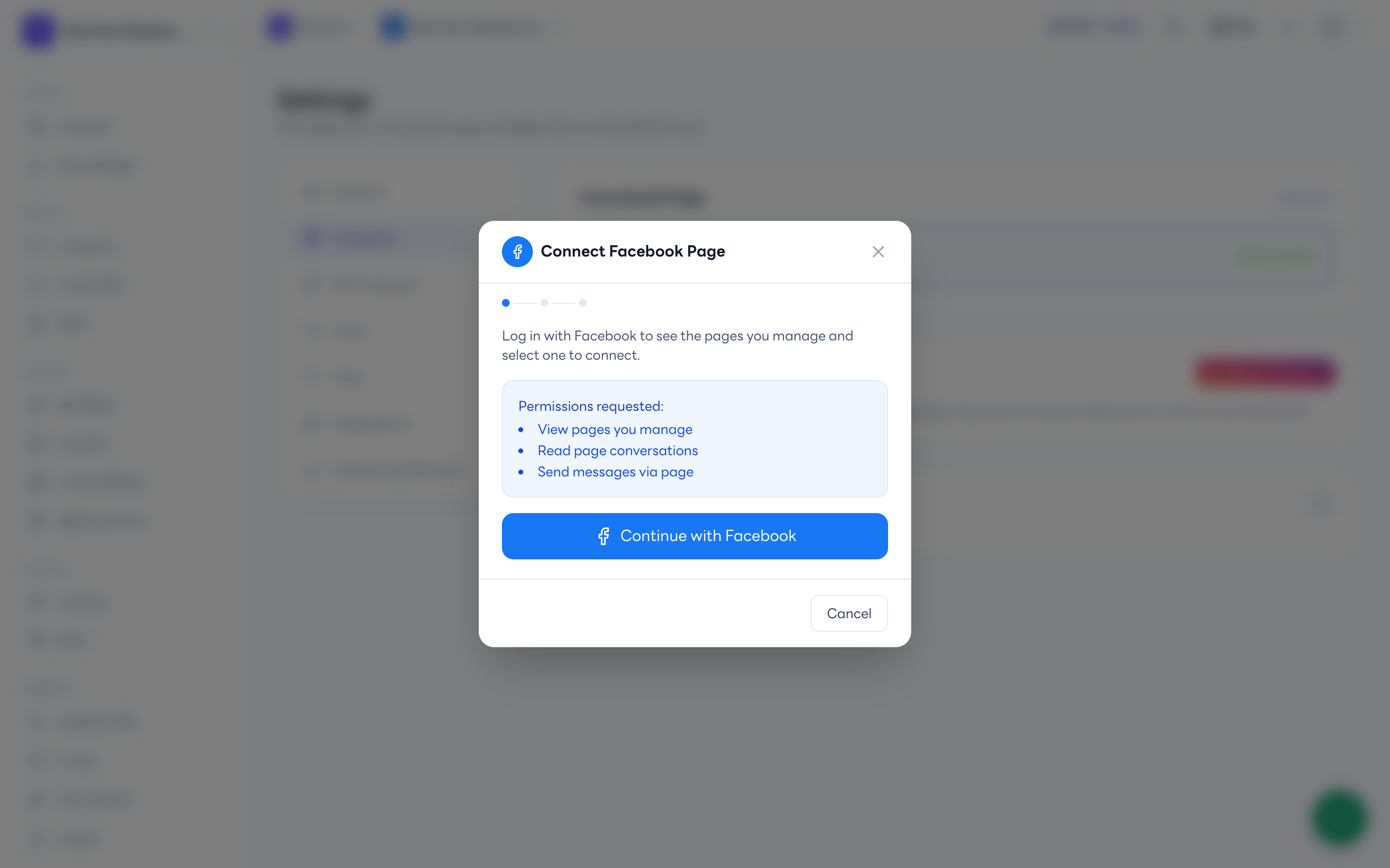 หน้าต่าง Connect Facebook Page และสิทธิ์ที่ขอ