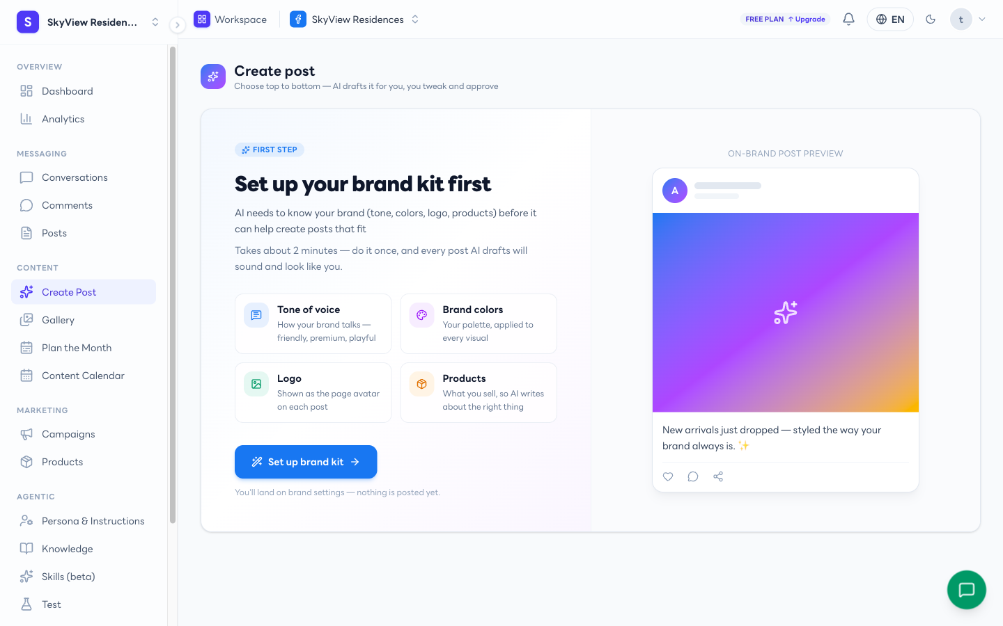 หน้า Create Post — ตั้ง Brand Kit ก่อนใช้ครั้งแรก
